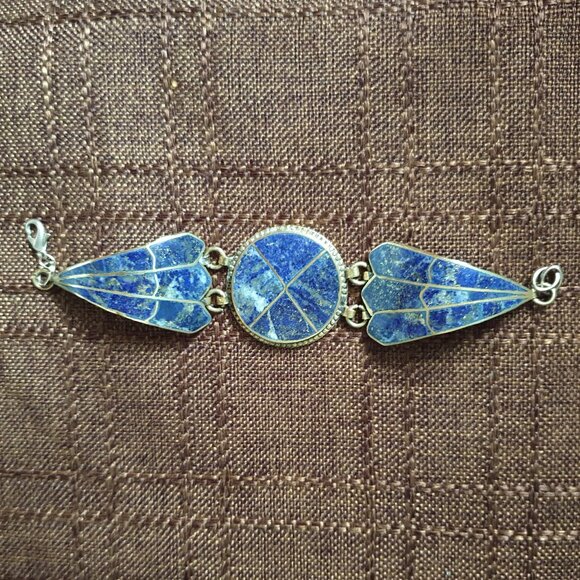7'' Rare  Bold Vintage Afghan Lapis Lazuli Inlay Silver Tone Bracelet - Picture 4 of 11